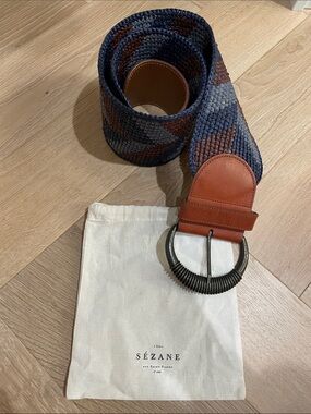 Sézane Navy & Brown Woven Leather-Trim Belt T.90